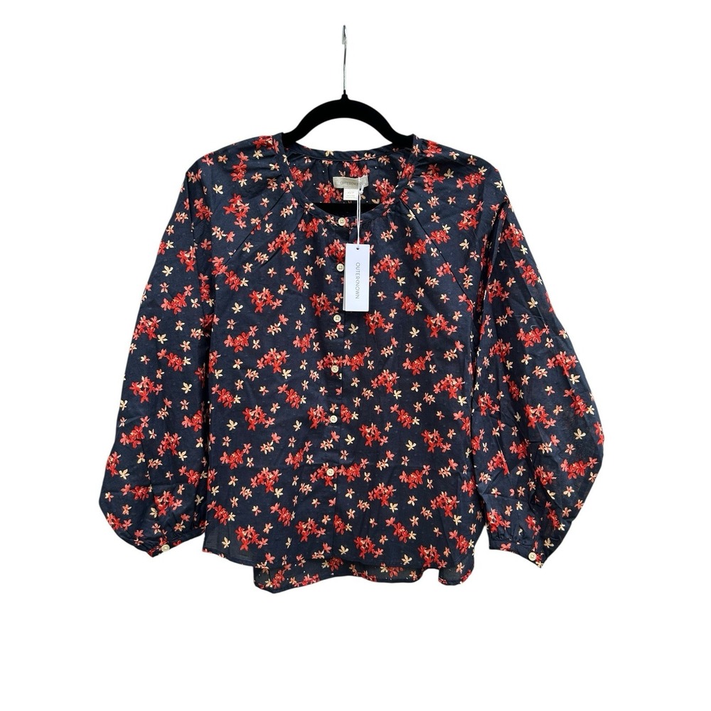 Outerknown Folk Top Organic Cotton Floral Blouse Navy Red Womens XS 2320028